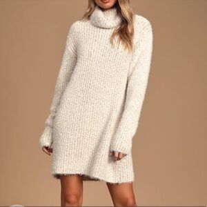 Lulus Cozy Cream Turtleneck Sweater Dress